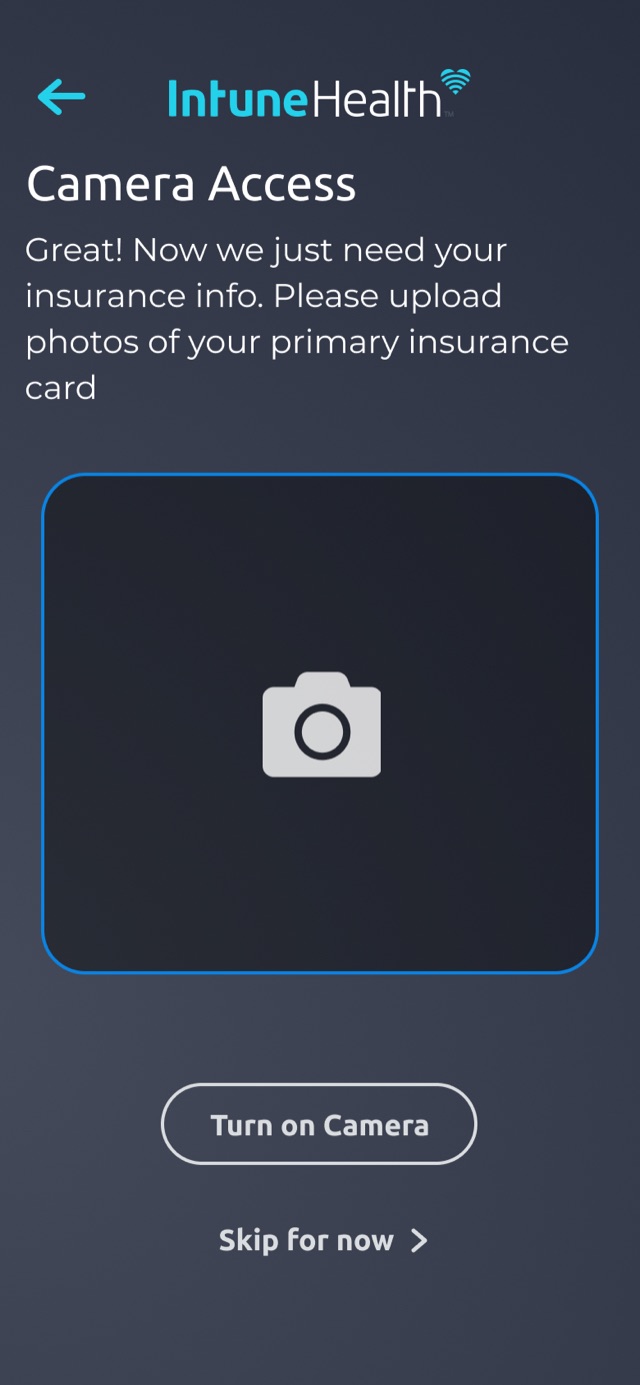 Insurance card camera capture step in the IntuneHealth app