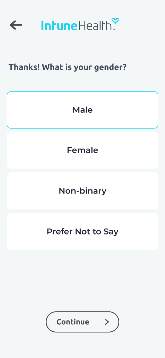 Onboarding question in the IntuneHealth app with large type and full-width answer buttons