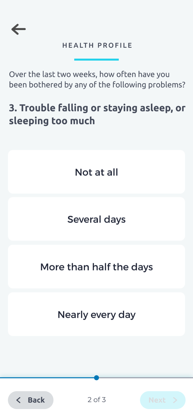Pre-visit health screening question in the IntuneHealth app, step 2 of 3
