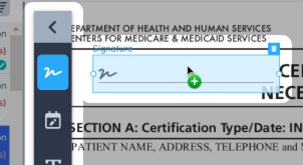 Reusable field components: a signature field from the component palette being placed on a document