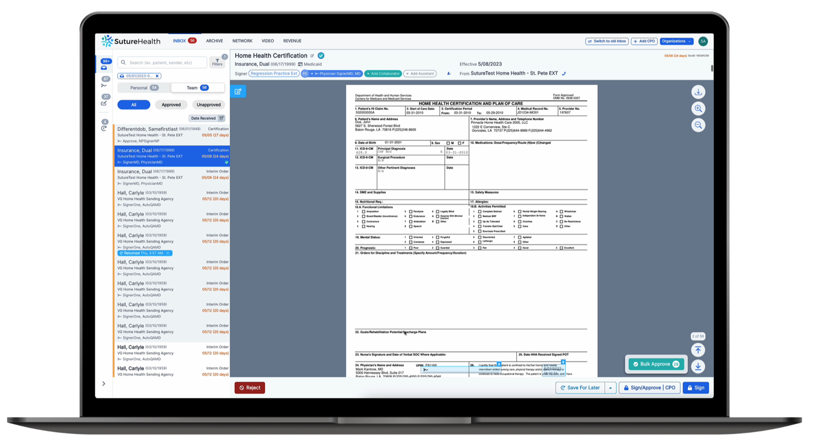 The SutureHealth signing inbox on a laptop: document queue beside an open certification form
